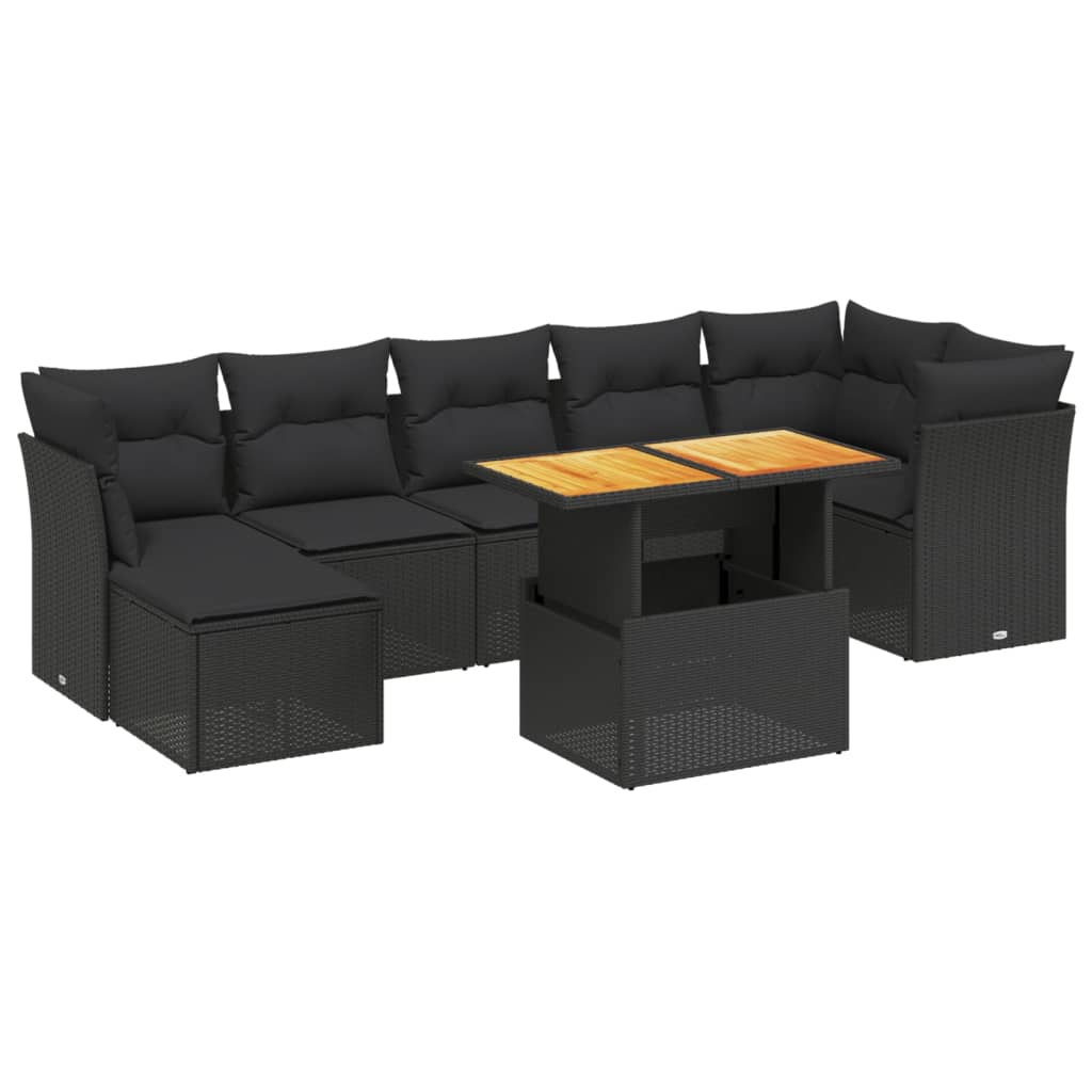 8 részes fekete polyrattan kerti ülőgarnitúra párnákkal