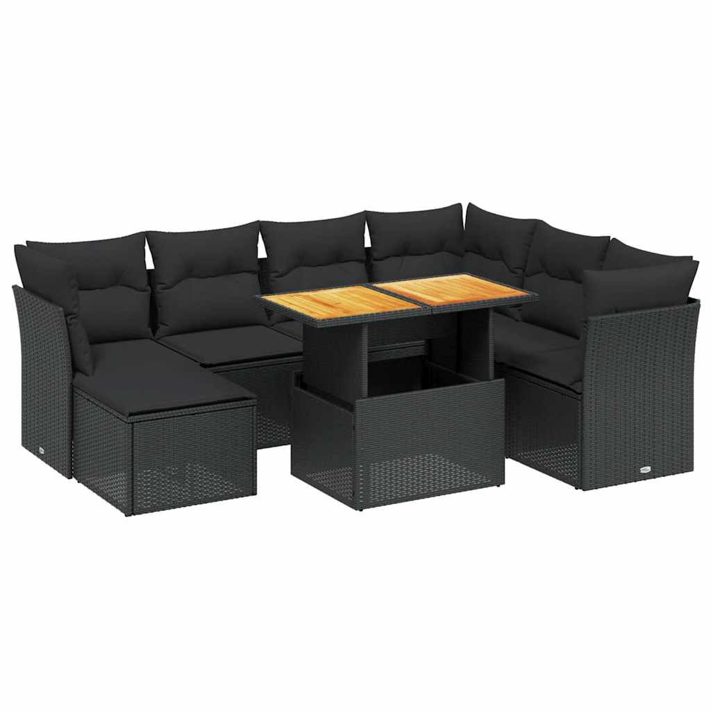 8 részes fekete polyrattan kerti ülőgarnitúra párnákkal