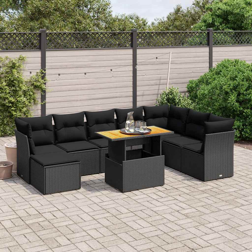 9 részes fekete polyrattan kerti ülőgarnitúra párnákkal