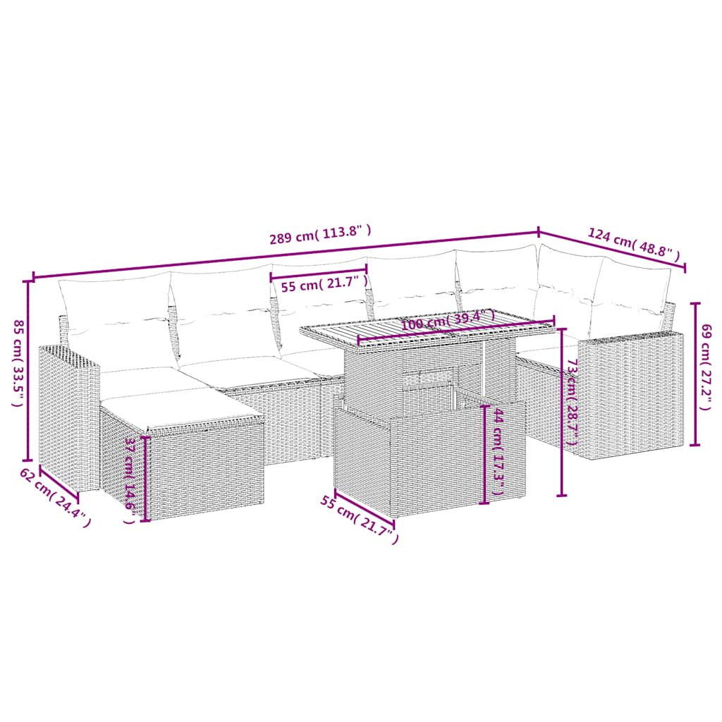 8 részes fekete polyrattan kerti ülőgarnitúra párnákkal