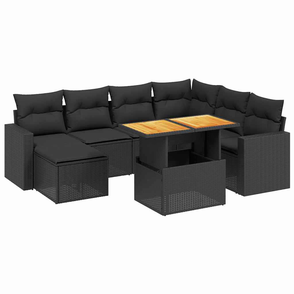 8 részes fekete polyrattan kerti ülőgarnitúra párnákkal