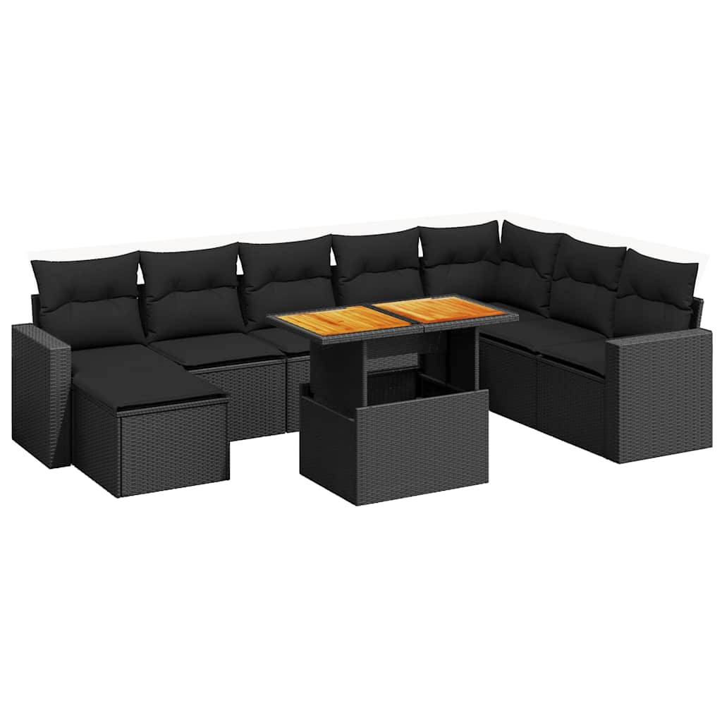 9 részes fekete polyrattan kerti ülőgarnitúra párnákkal