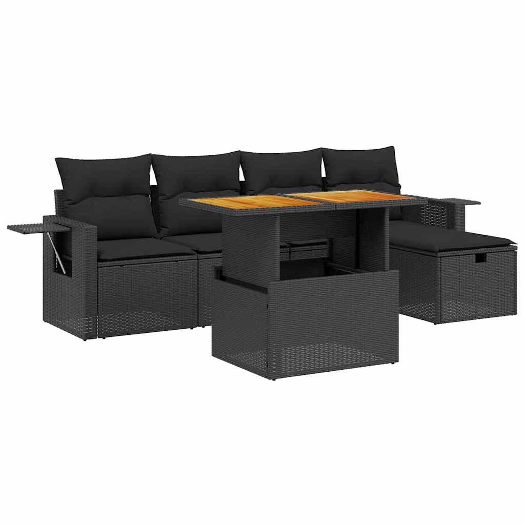 6 részes fekete polyrattan kerti ülőgarnitúra párnákkal