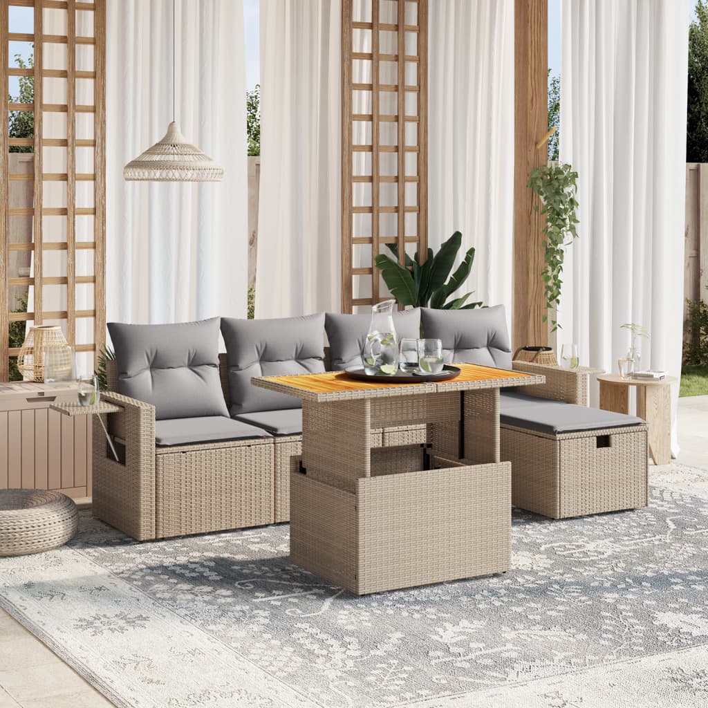 6 részes bézs polyrattan kerti ülőgarnitúra párnával