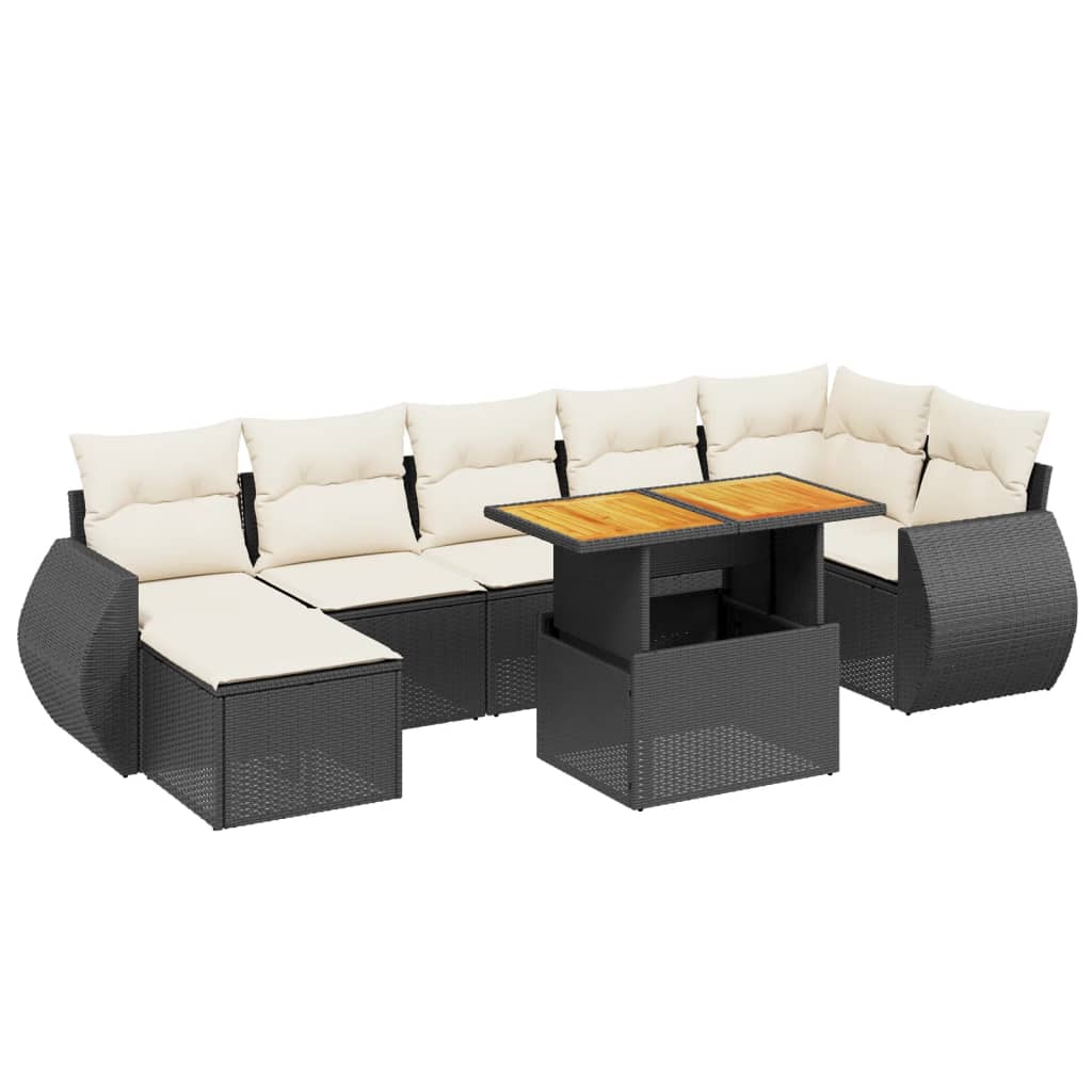 8 részes fekete polyrattan kerti ülőgarnitúra párnákkal