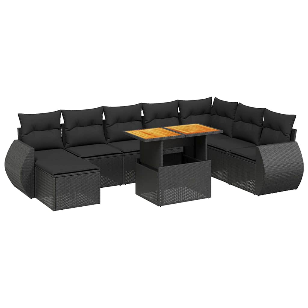 9 részes fekete polyrattan kerti ülőgarnitúra párnákkal