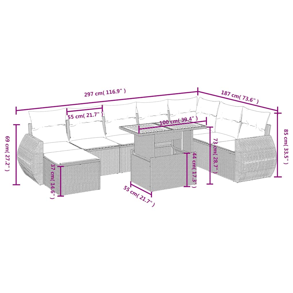 9 részes fekete polyrattan kerti ülőgarnitúra párnákkal