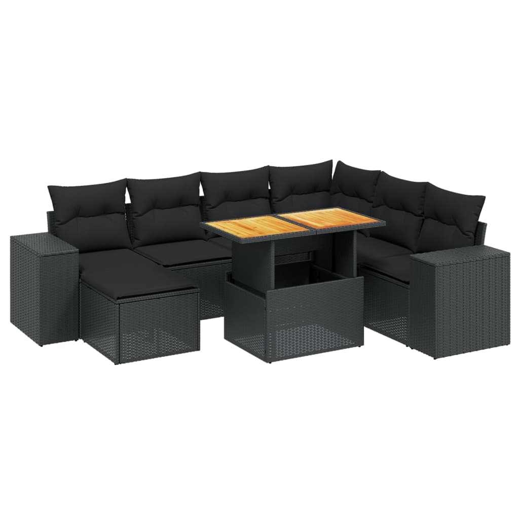 8 részes fekete polyrattan kerti ülőgarnitúra párnákkal