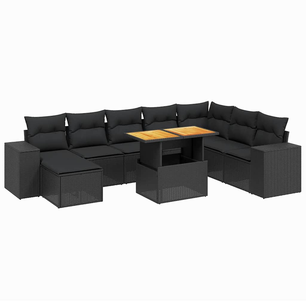 9 részes fekete polyrattan kerti ülőgarnitúra párnákkal