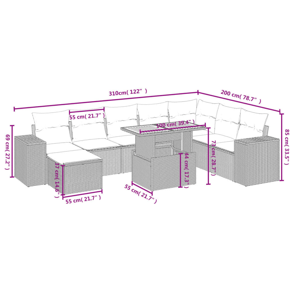9 részes bézs polyrattan kerti ülőgarnitúra párnákkal