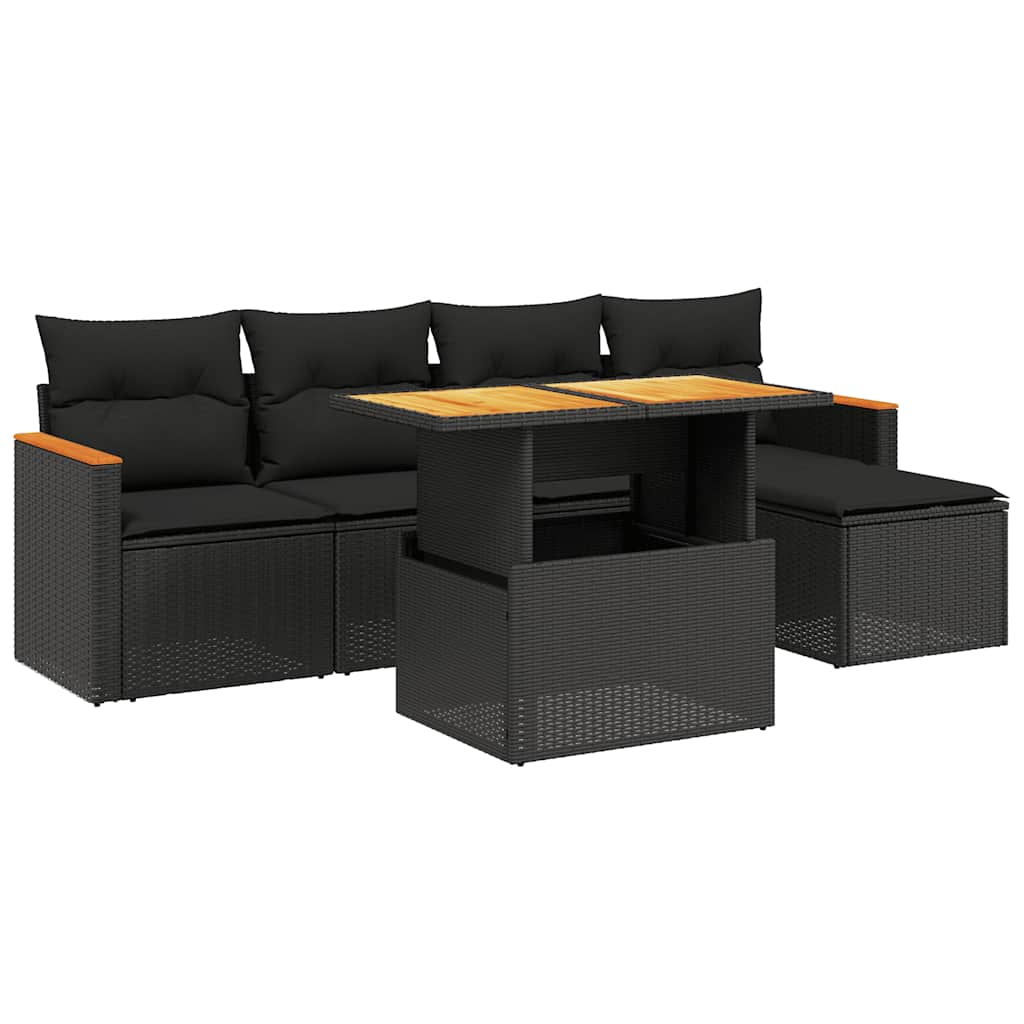 6 részes fekete polyrattan kerti ülőgarnitúra párnákkal