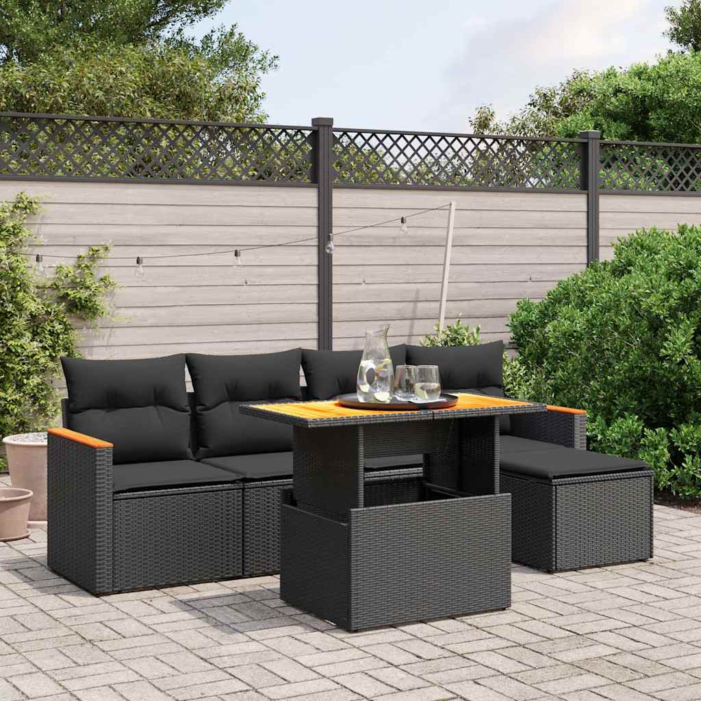 6 részes fekete polyrattan kerti ülőgarnitúra párnákkal