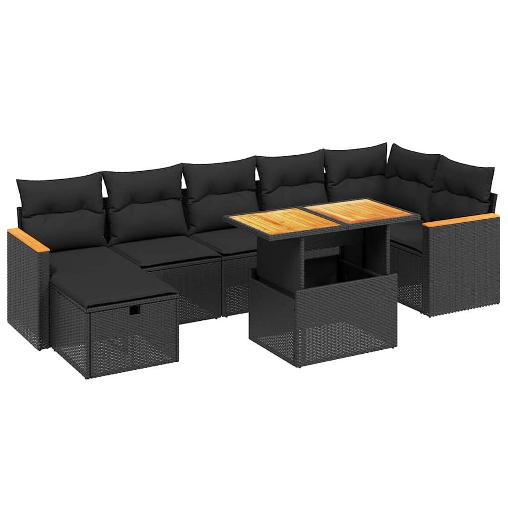 8 részes fekete polyrattan kerti ülőgarnitúra párnákkal