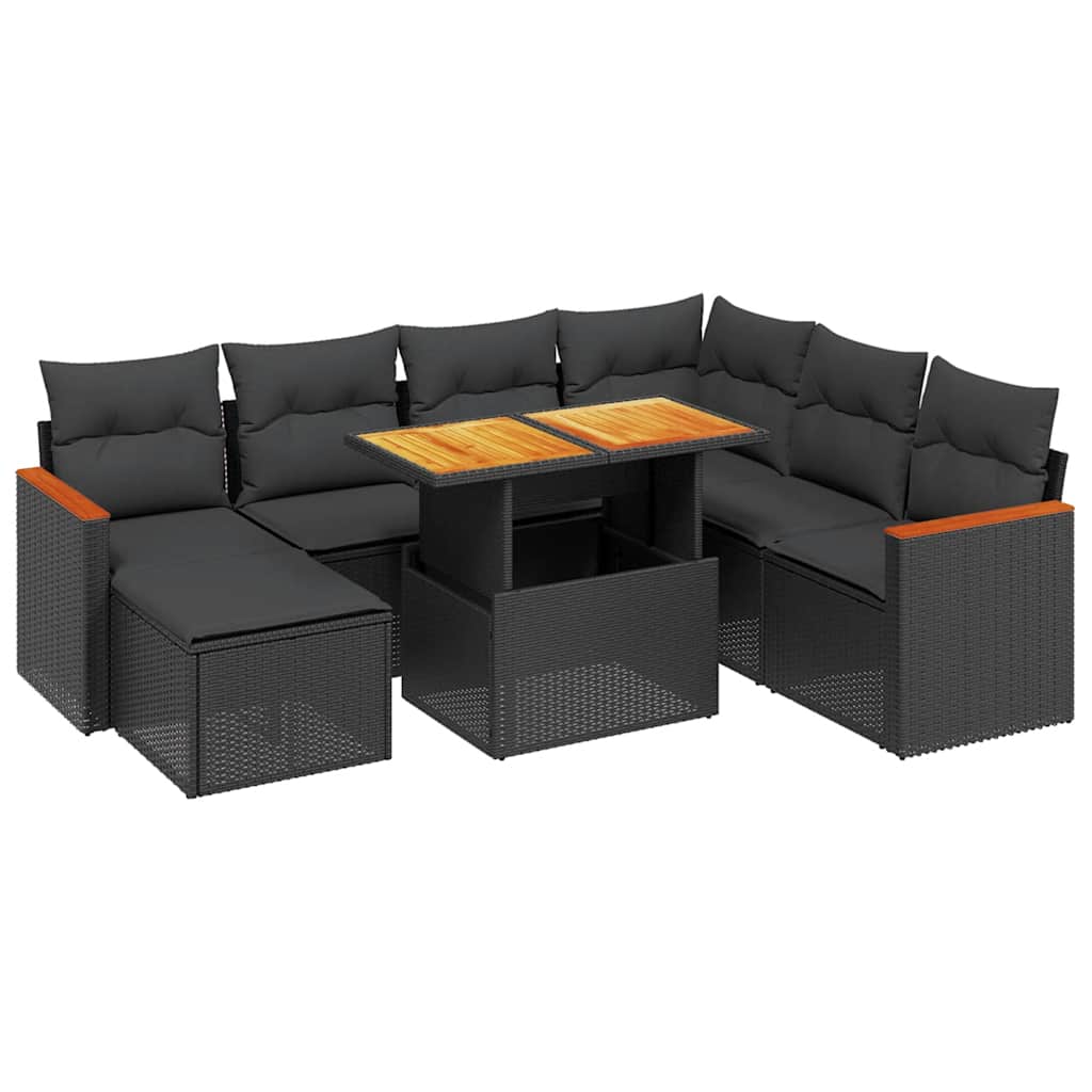 8 részes fekete polyrattan kerti ülőgarnitúra párnákkal