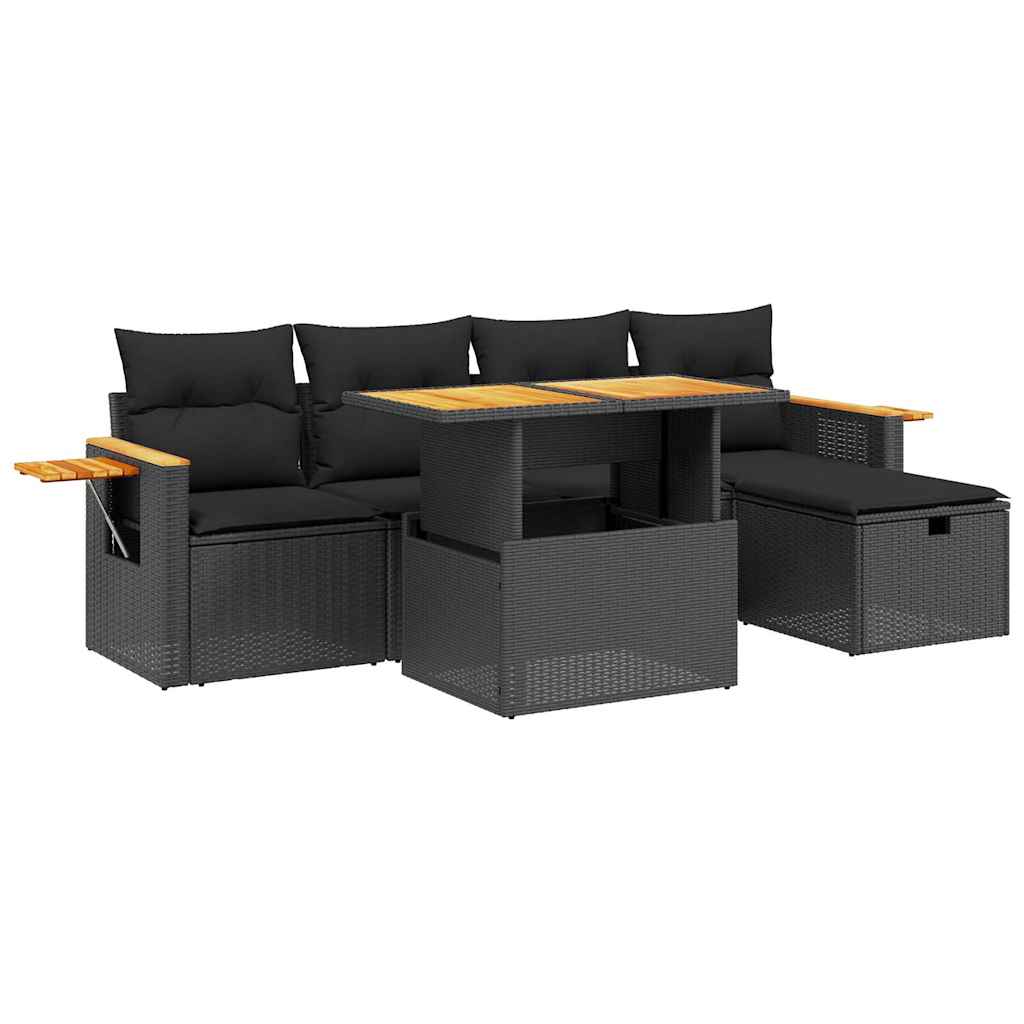 6 részes fekete polyrattan kerti ülőgarnitúra párnákkal