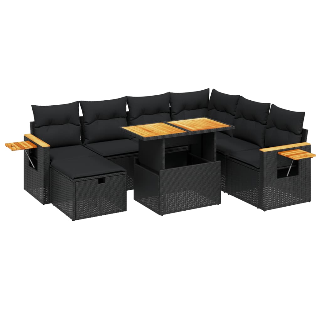 8 részes fekete polyrattan kerti ülőgarnitúra párnákkal
