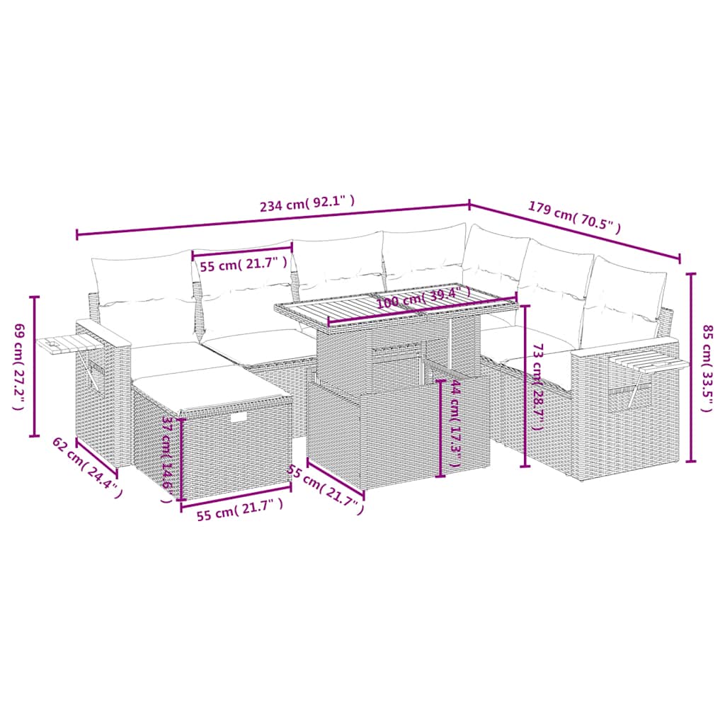 8 részes fekete polyrattan kerti ülőgarnitúra párnákkal