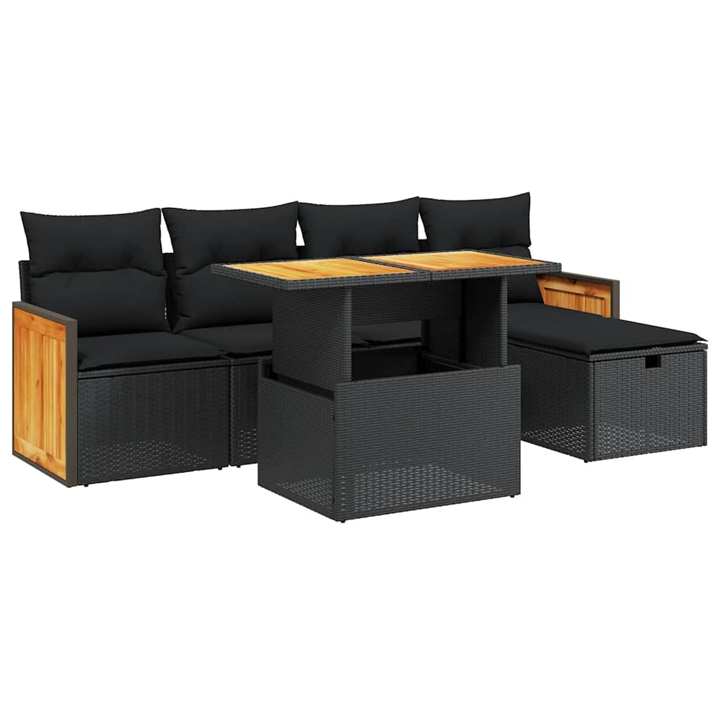 6 részes fekete polyrattan kerti ülőgarnitúra párnákkal