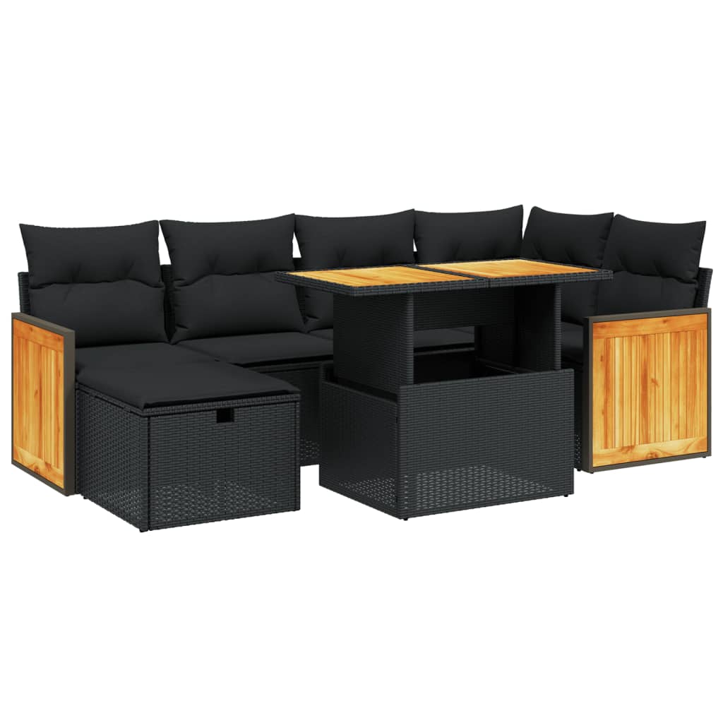 7 részes fekete polyrattan kerti ülőgarnitúra párnával