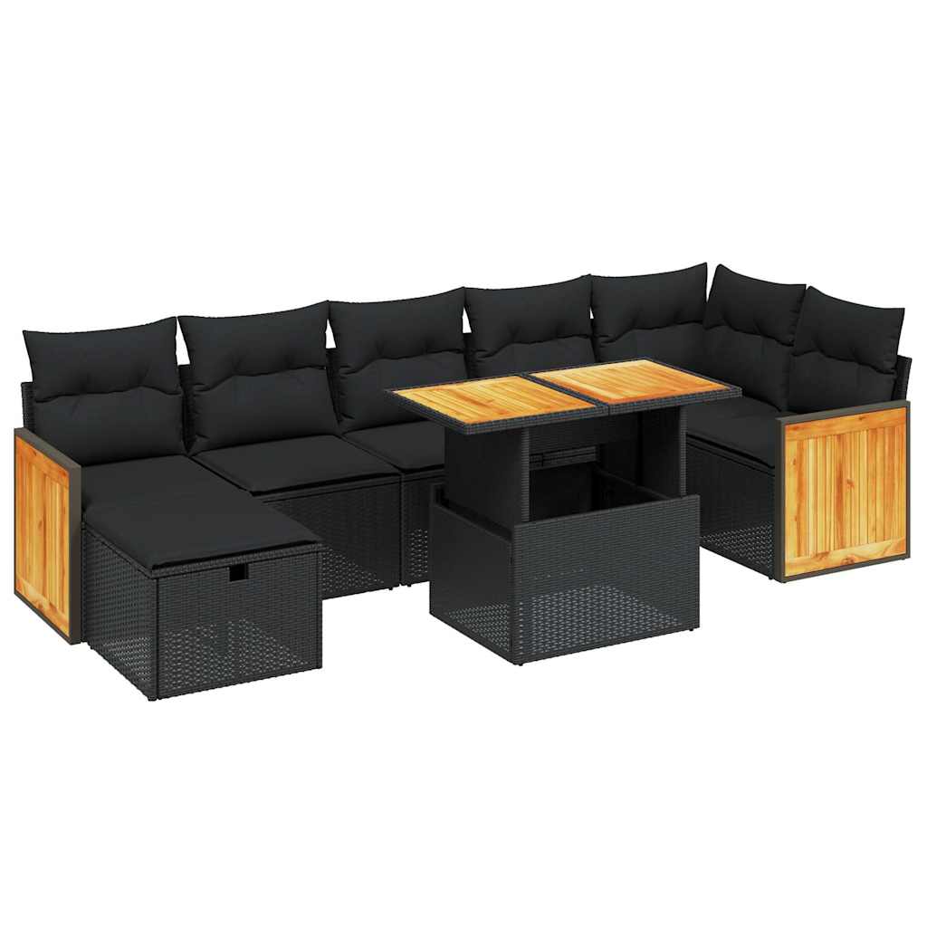 8 részes fekete polyrattan kerti ülőgarnitúra párnákkal