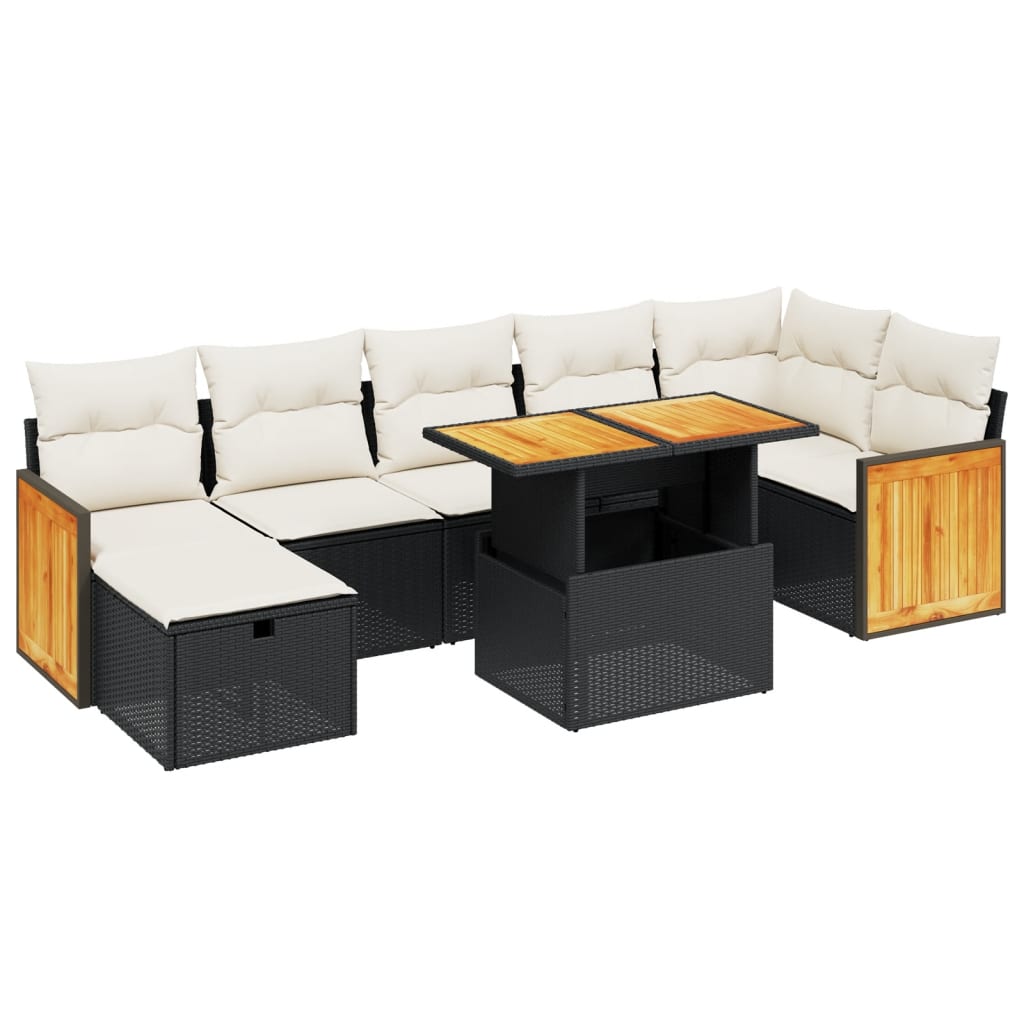 8 részes fekete polyrattan kerti ülőgarnitúra párnákkal