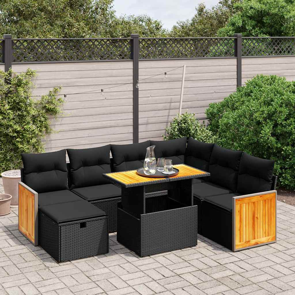 8 részes fekete polyrattan kerti ülőgarnitúra párnákkal