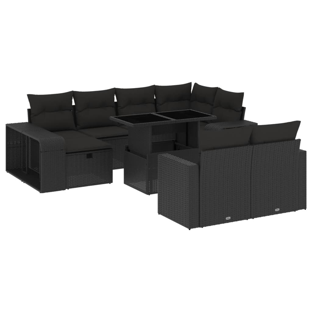 11 részes fekete polyrattan kerti ülőgarnitúra párnákkal