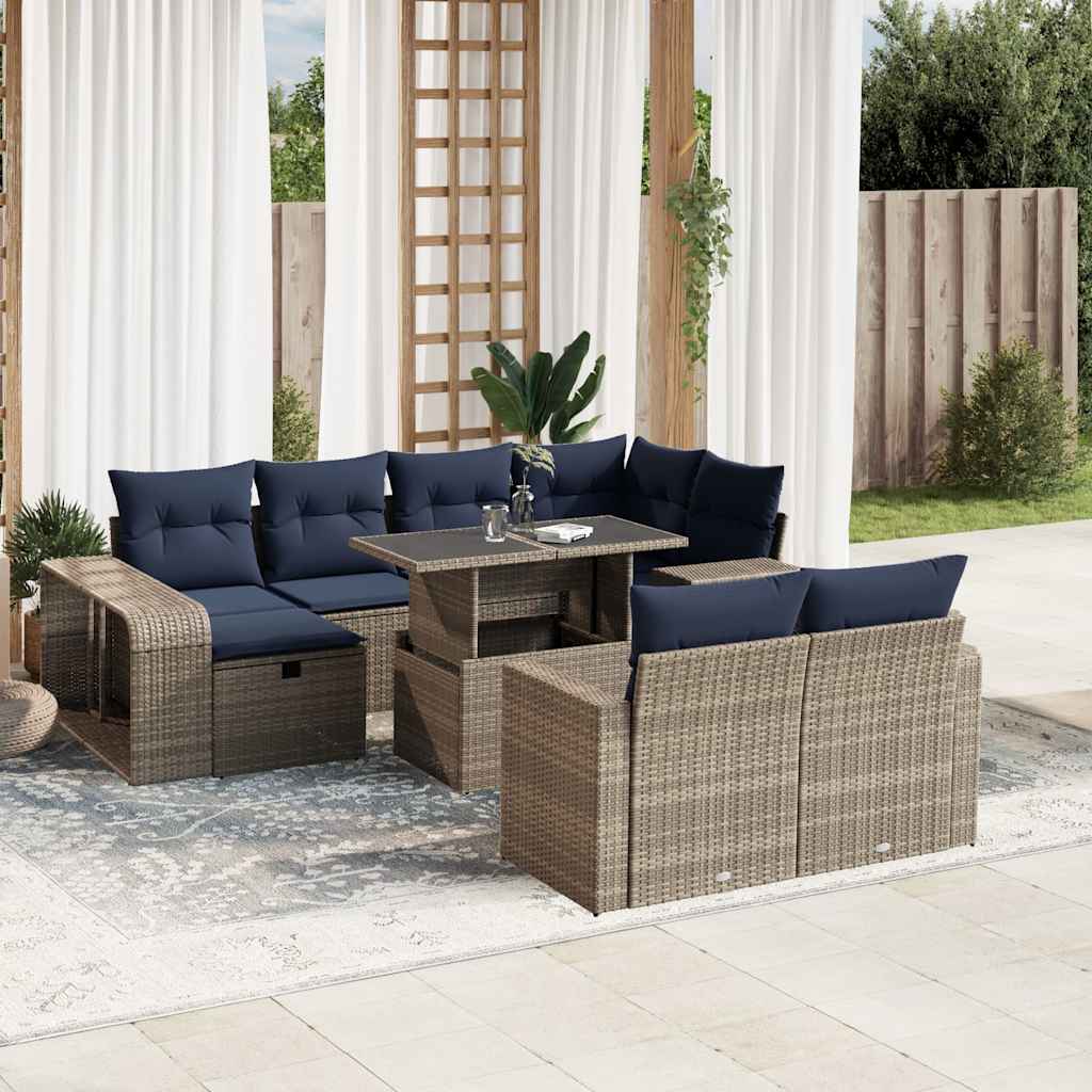 11 db szürke polyrattan kerti kanapégarnitúra párnákkal