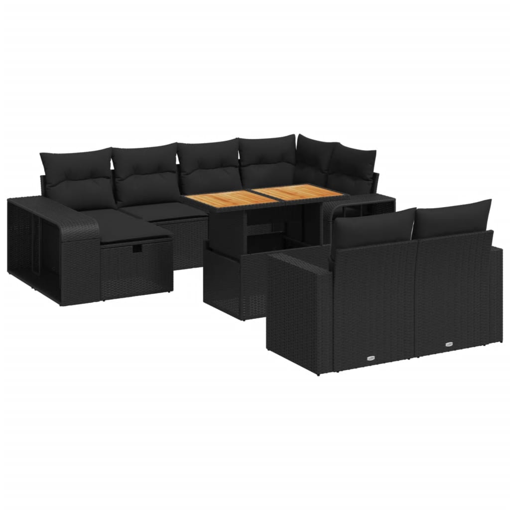 11 részes fekete polyrattan kerti ülőgarnitúra párnákkal