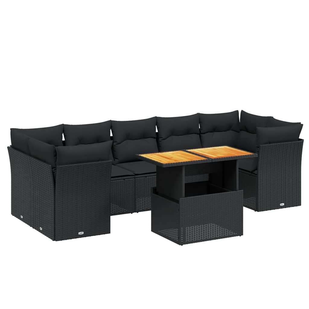 8 részes fekete polyrattan kerti ülőgarnitúra párnákkal