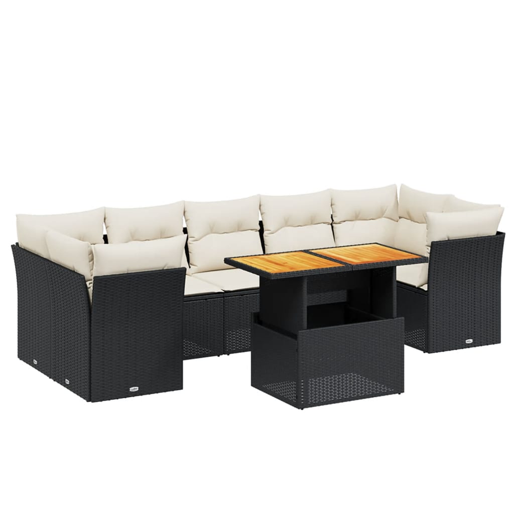 8 részes fekete polyrattan kerti ülőgarnitúra párnákkal