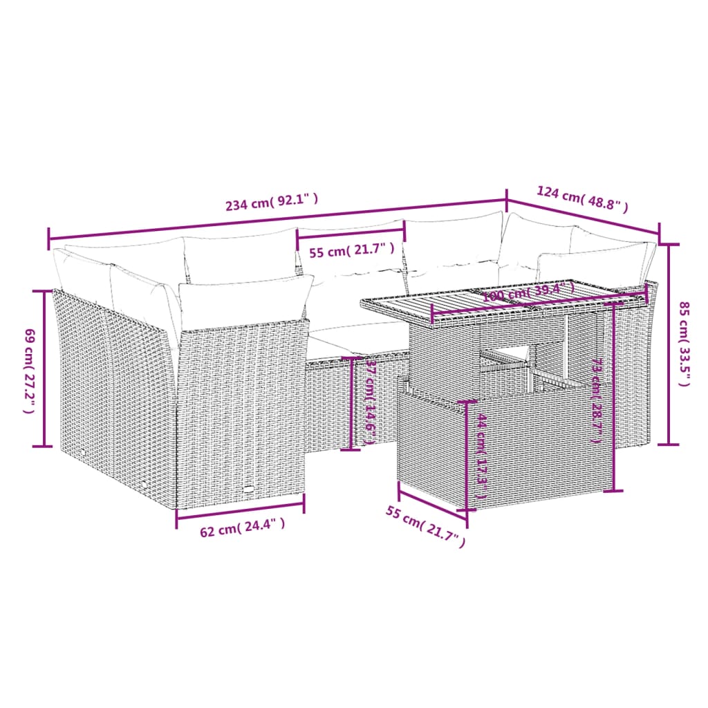 8 részes fekete polyrattan kerti ülőgarnitúra párnákkal