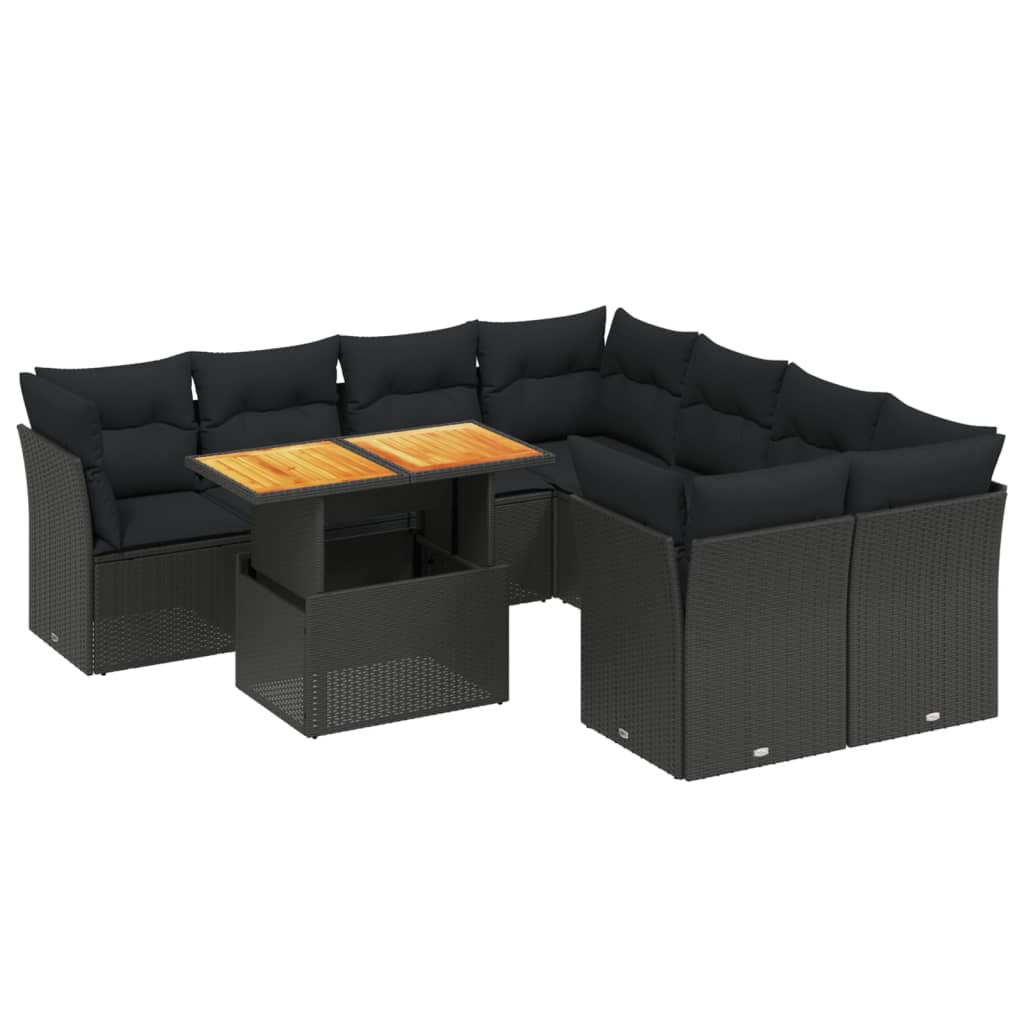 9 részes fekete polyrattan kerti ülőgarnitúra párnákkal