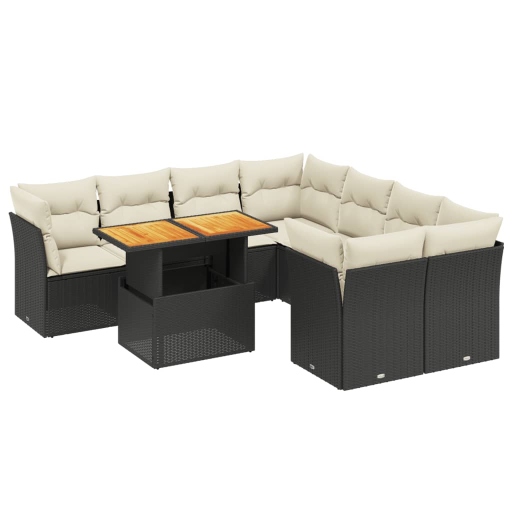 9 részes fekete polyrattan kerti ülőgarnitúra párnákkal