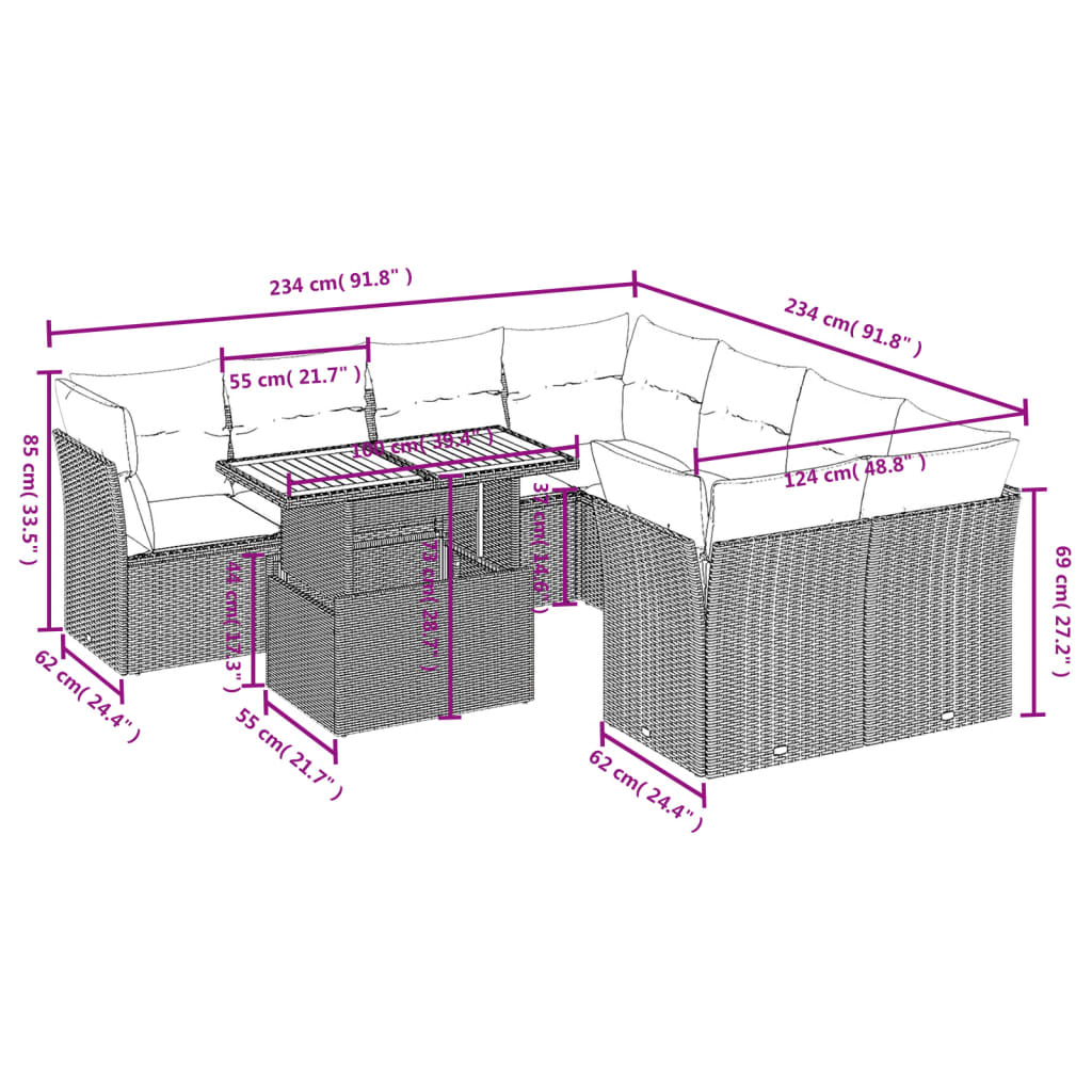 9 részes szürke polyrattan kerti ülőgarnitúra párnákkal