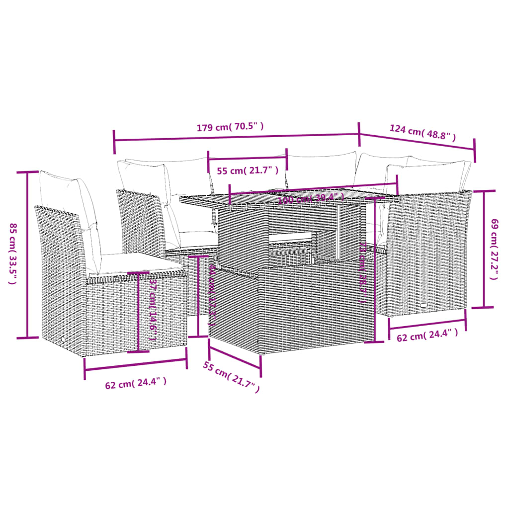 5 részes fekete polyrattan kerti kanapészett párnákkal