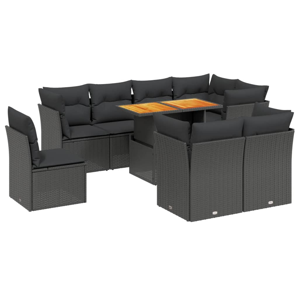 9 részes fekete polyrattan kerti ülőgarnitúra párnákkal