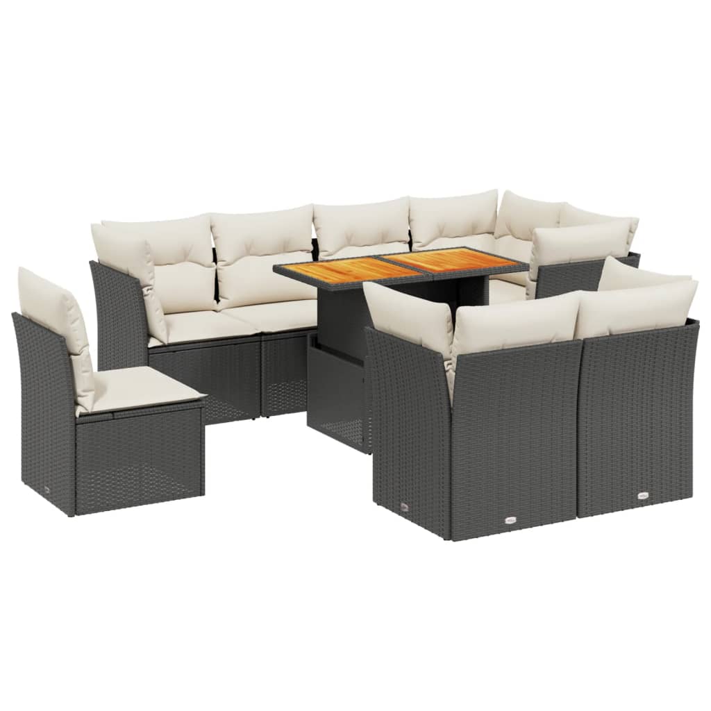 9 részes fekete polyrattan kerti ülőgarnitúra párnákkal