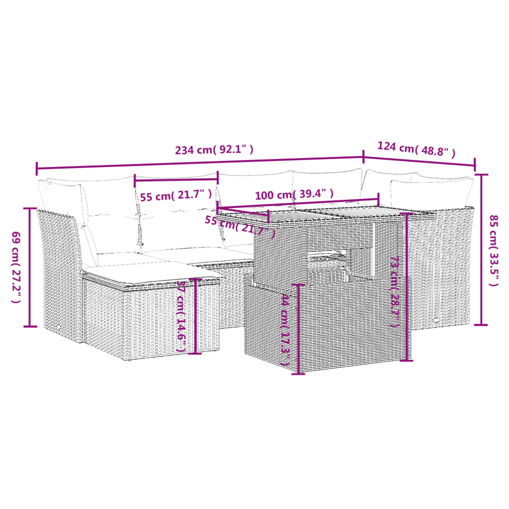 7 részes fekete polyrattan kerti ülőgarnitúra párnával