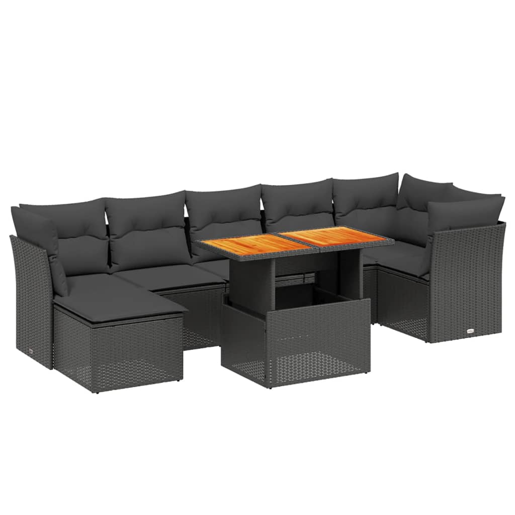8 részes fekete polyrattan kerti ülőgarnitúra párnákkal