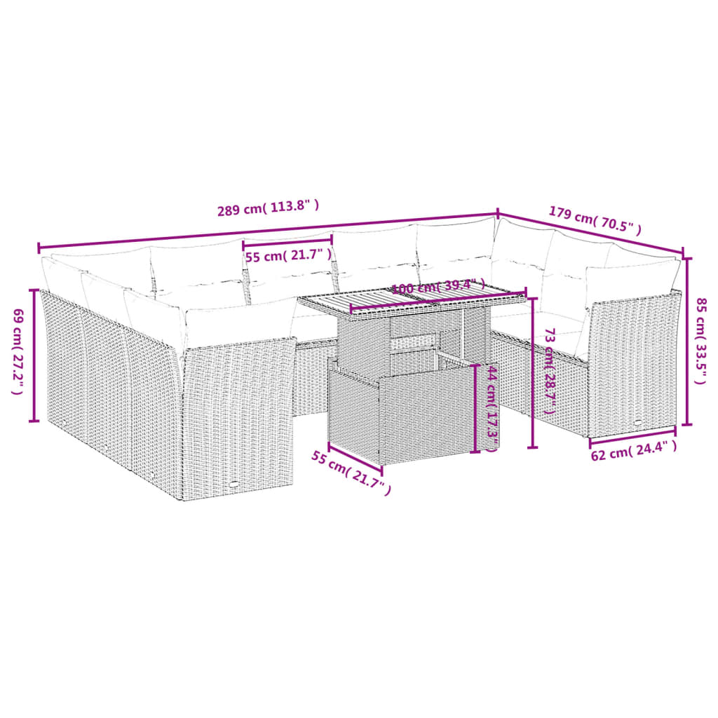 10 részes szürke polyrattan kerti ülőgarnitúra párnákkal
