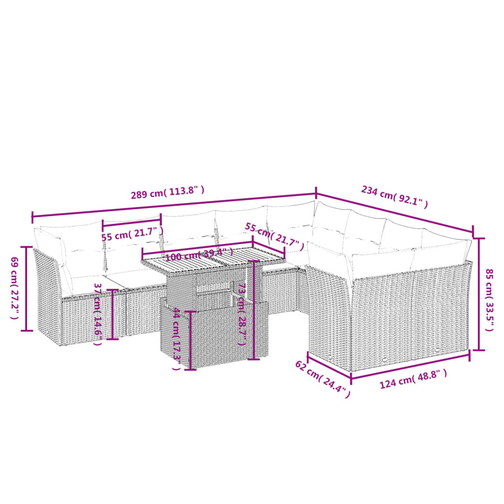 10 részes szürke polyrattan kerti ülőgarnitúra párnákkal