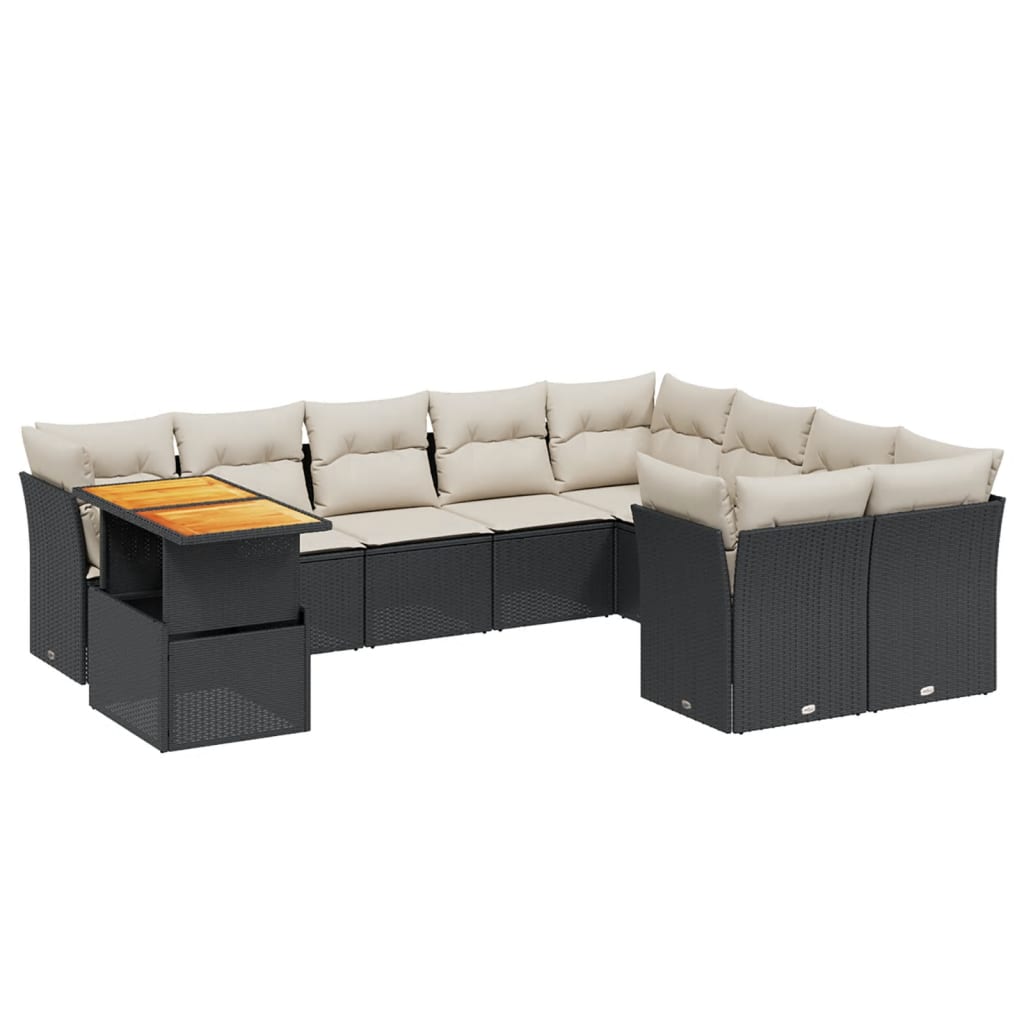 10 részes fekete polyrattan kerti ülőgarnitúra párnákkal