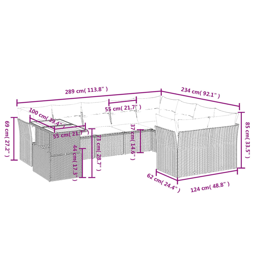 10 részes szürke polyrattan kerti ülőgarnitúra párnákkal
