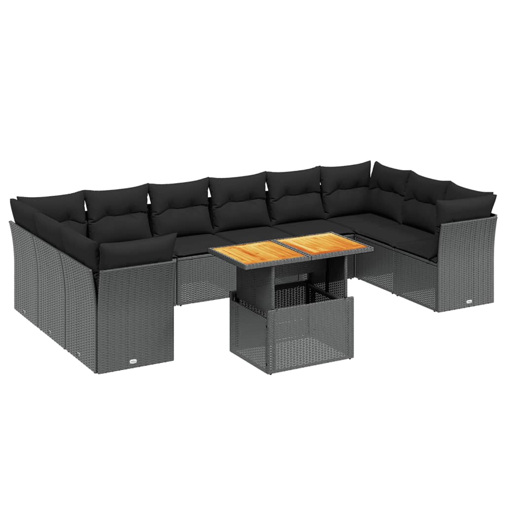 11 részes fekete polyrattan kerti ülőgarnitúra párnákkal