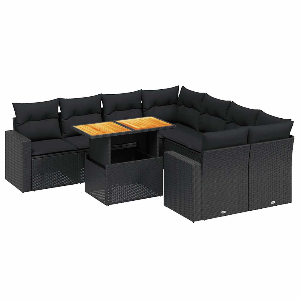 9 részes fekete polyrattan kerti ülőgarnitúra párnákkal