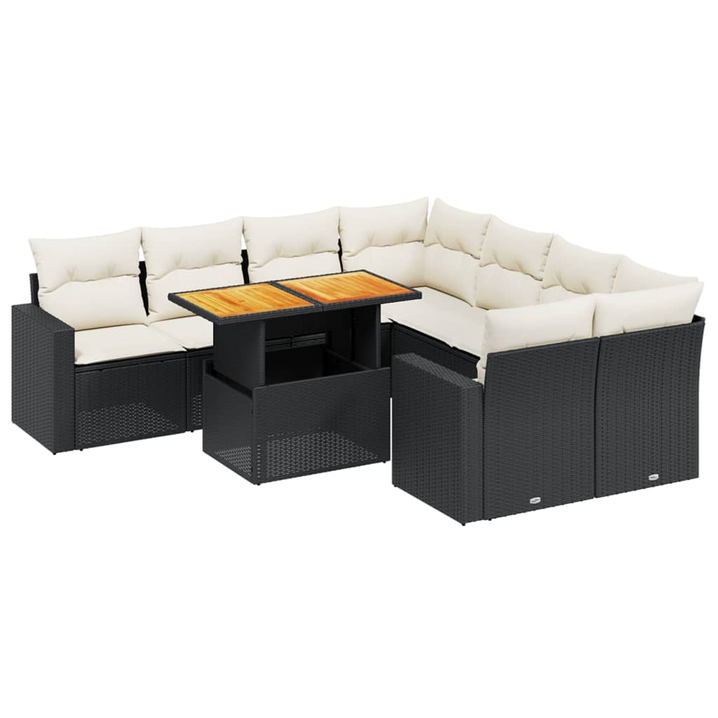 9 részes fekete polyrattan kerti ülőgarnitúra párnákkal