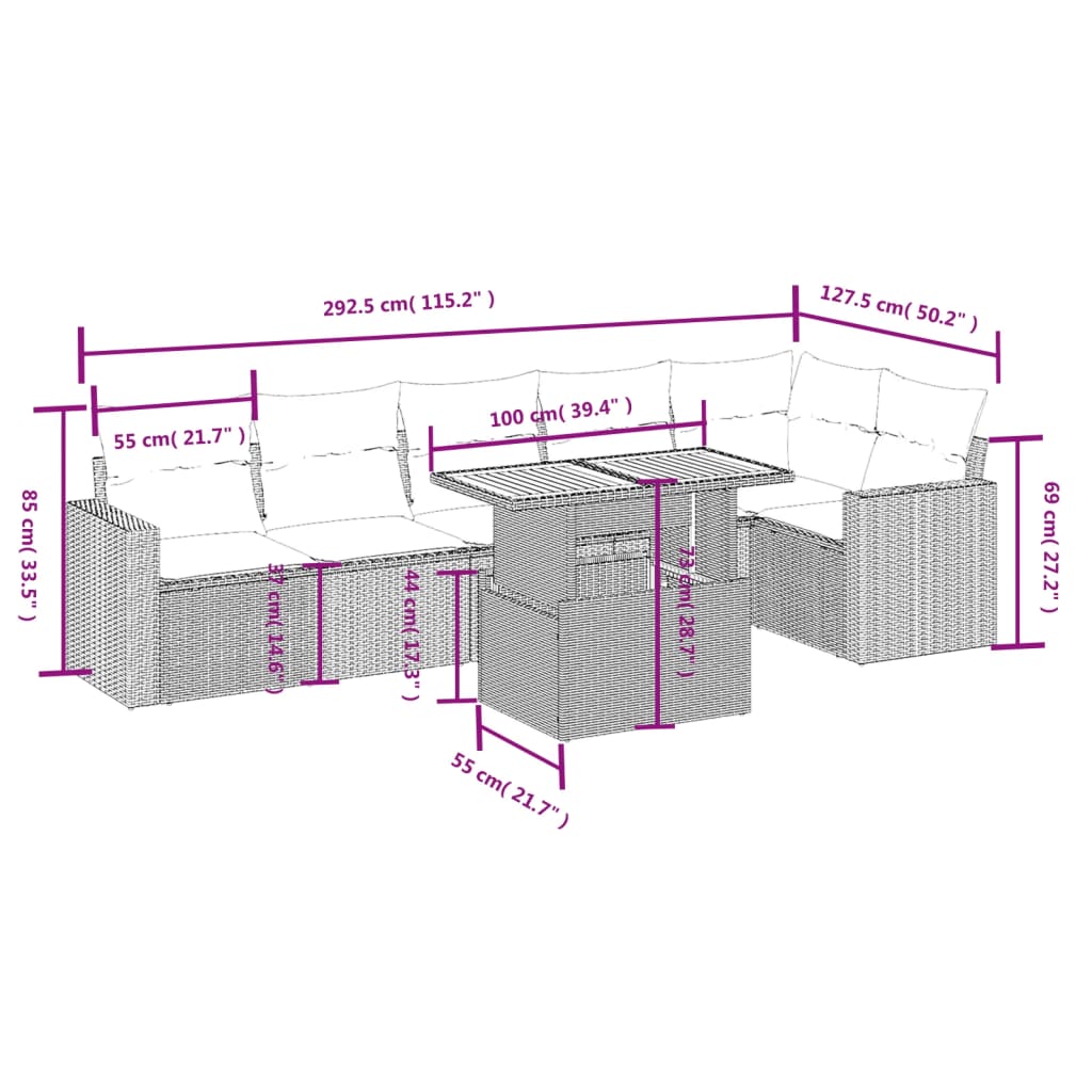 7 részes szürke polyrattan kerti ülőgarnitúra párnákkal