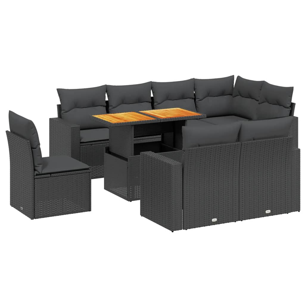 9 részes fekete polyrattan kerti ülőgarnitúra párnákkal