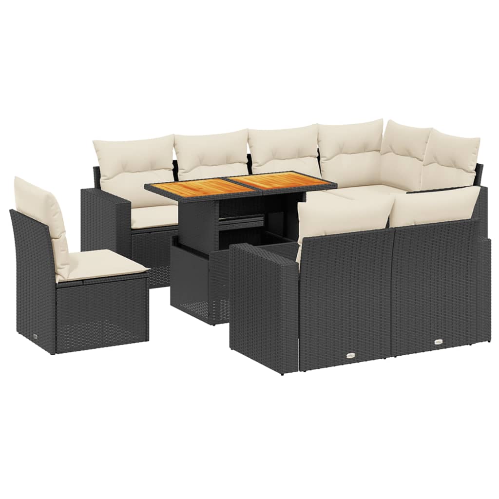 9 részes fekete polyrattan kerti ülőgarnitúra párnákkal